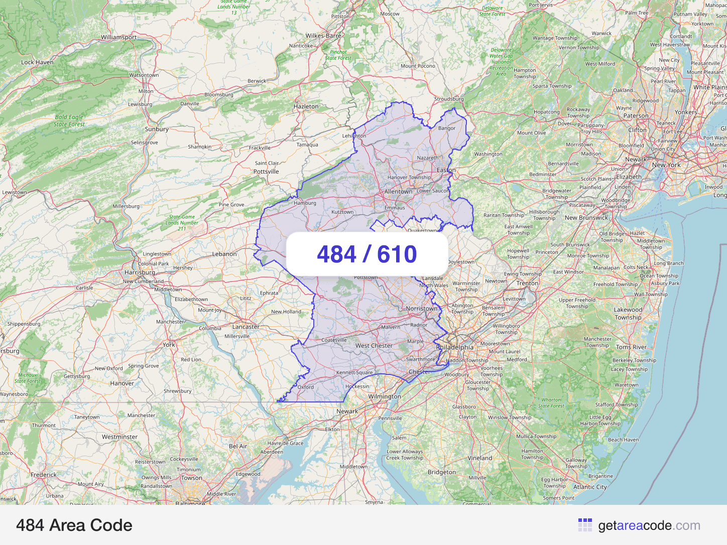 Map of the 484 area code service region around Allentown, PA