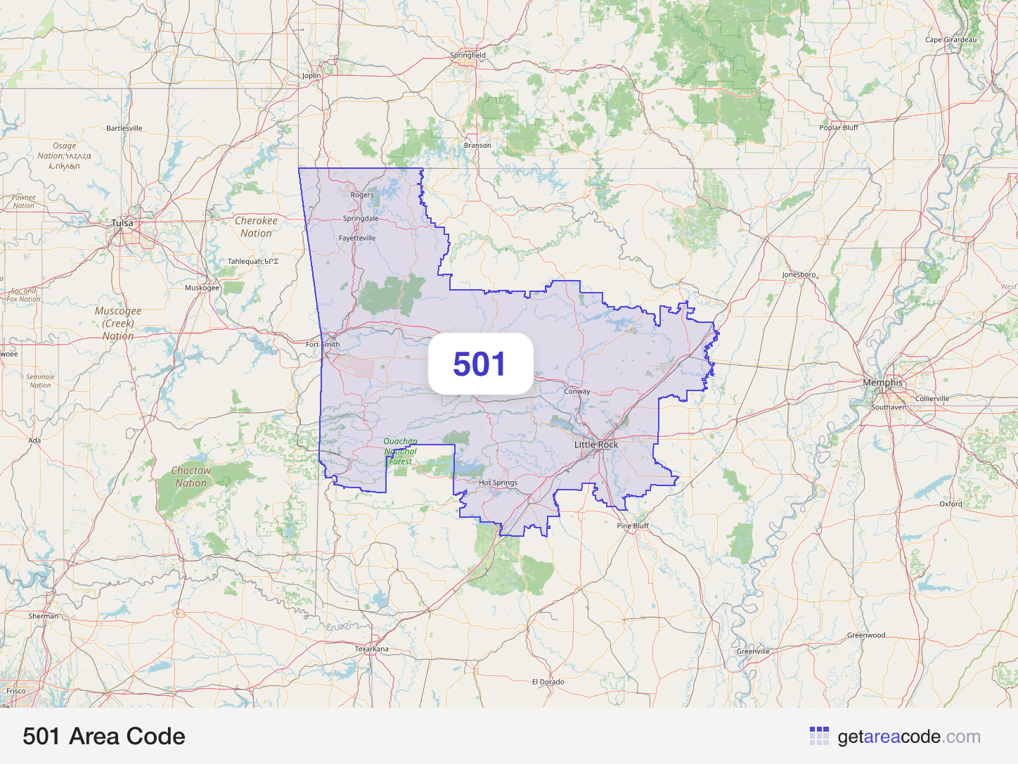 Map of the 501 area code service region around Little Rock, AR