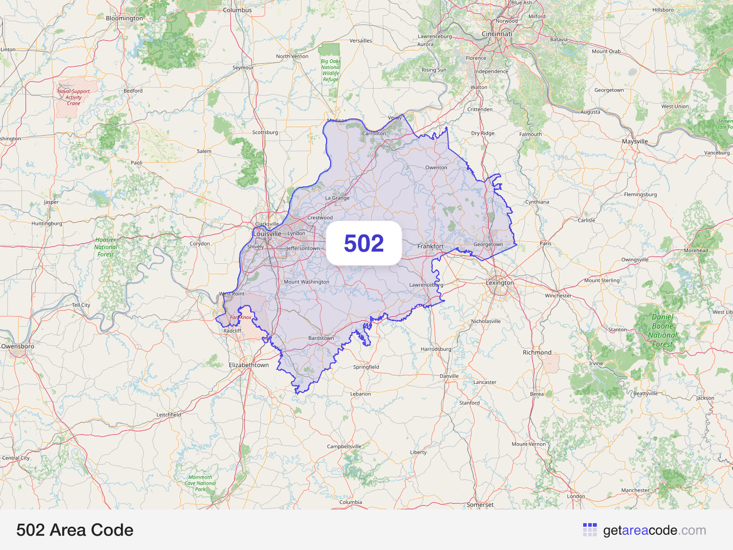 Map of the 502 area code service region around Louisville, KY