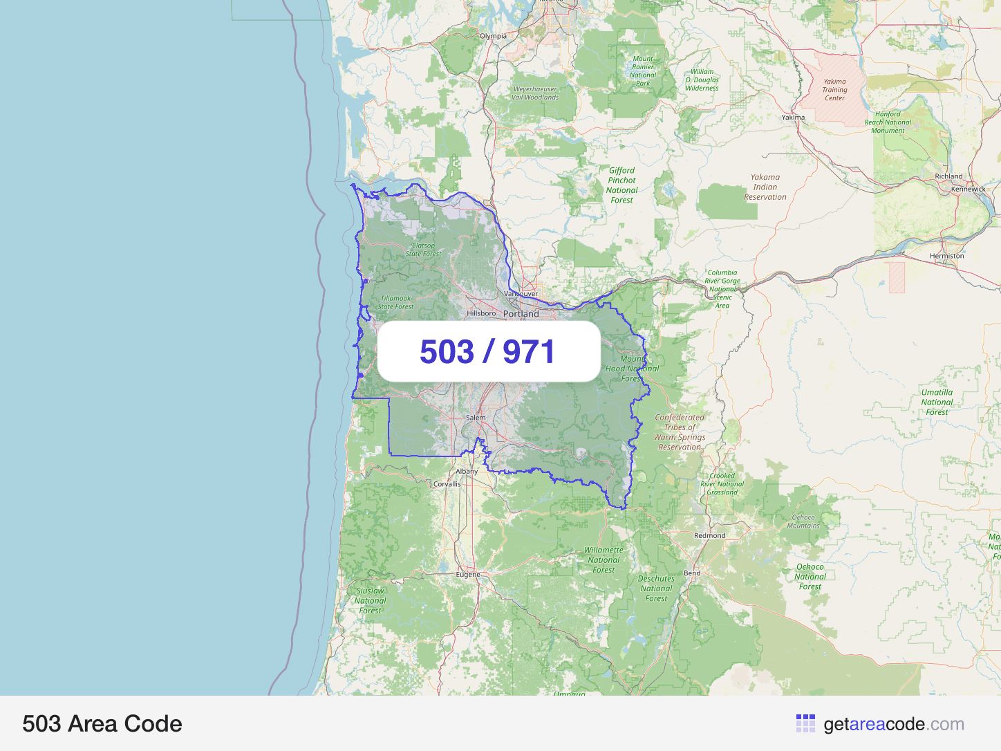 Map of the 503 area code service region around Portland, OR