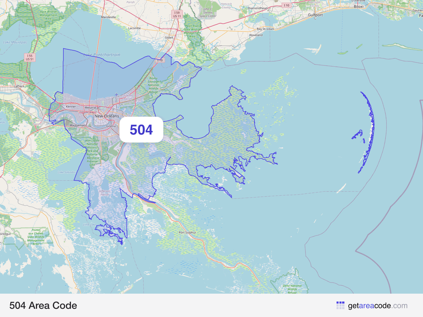 Map of the 504 area code service region around New Orleans, LA