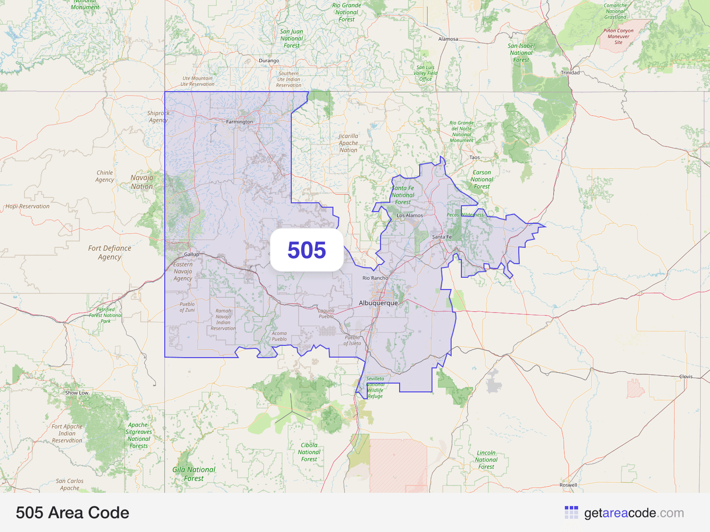 Map of the 505 area code service region around Albuquerque, NM