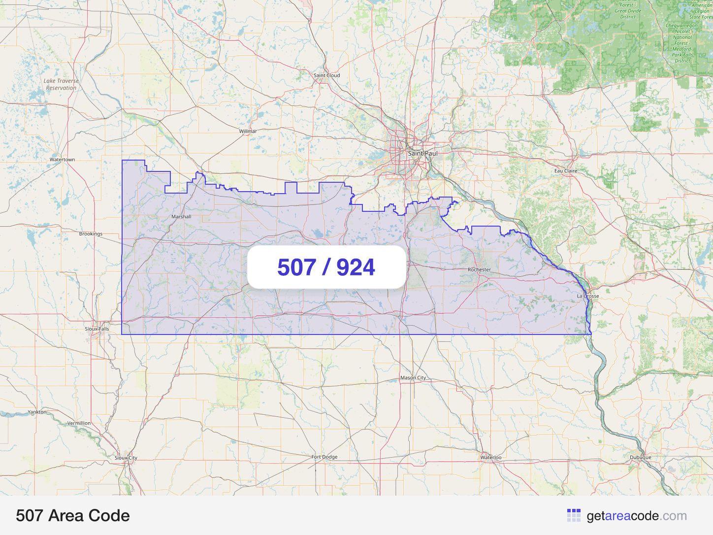 Map of the 507 area code service region around Rochester, MN