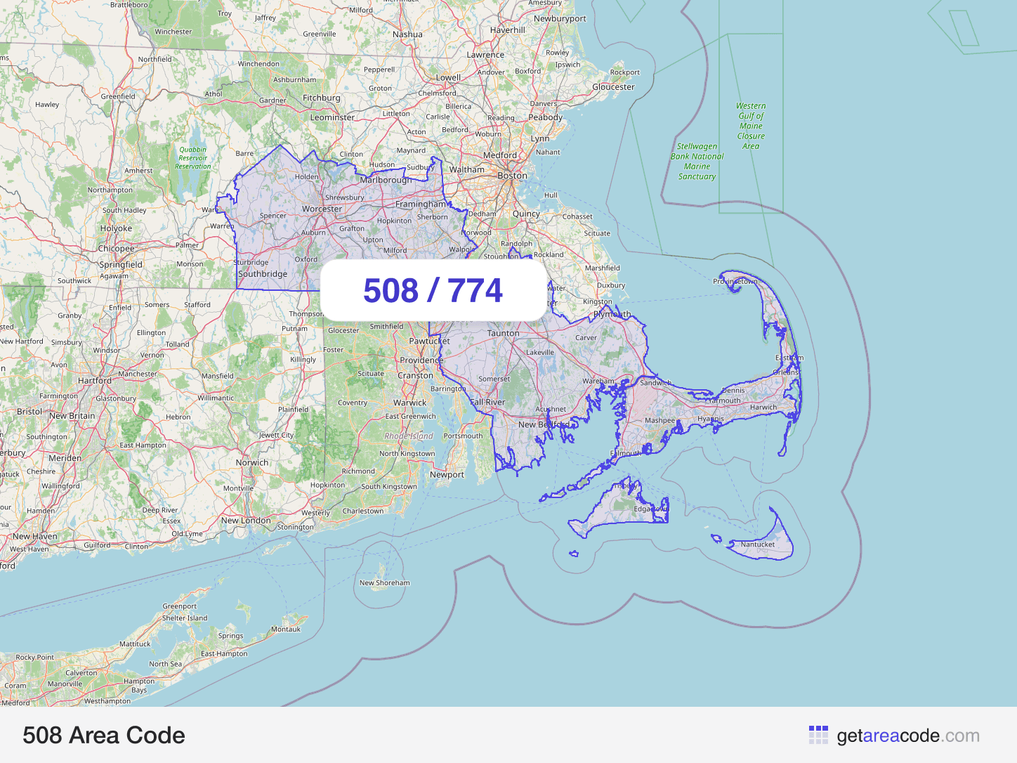 Map of the 508 area code service region around Worcester, MA