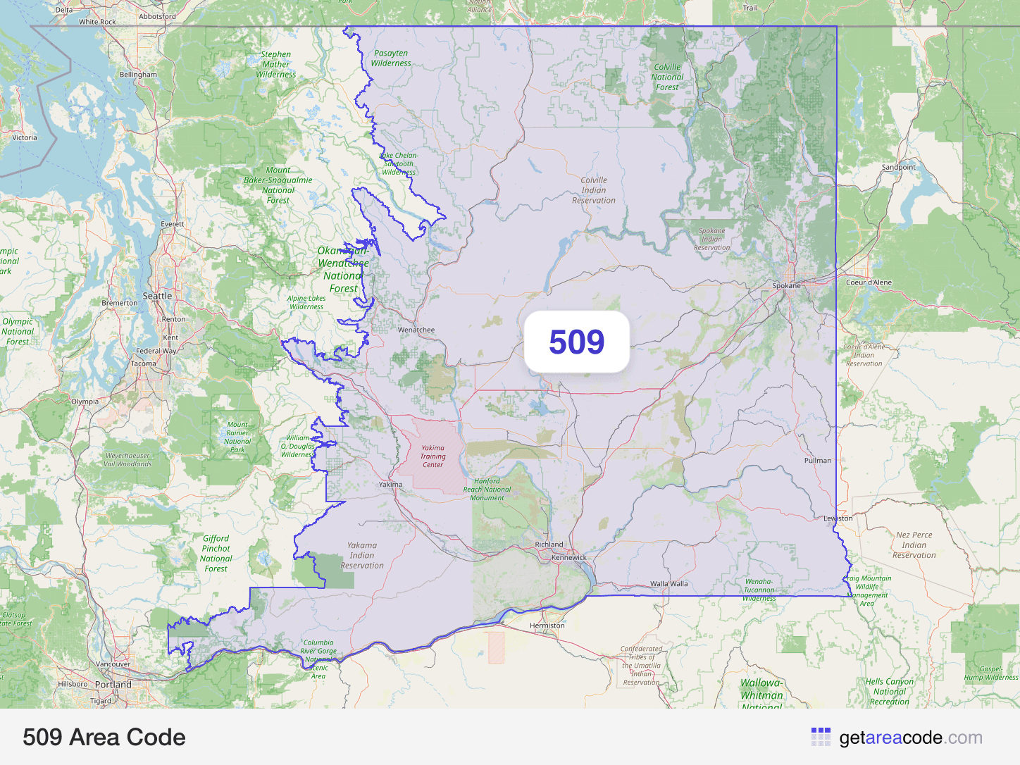 Map of the 509 area code service region around Spokane, WA