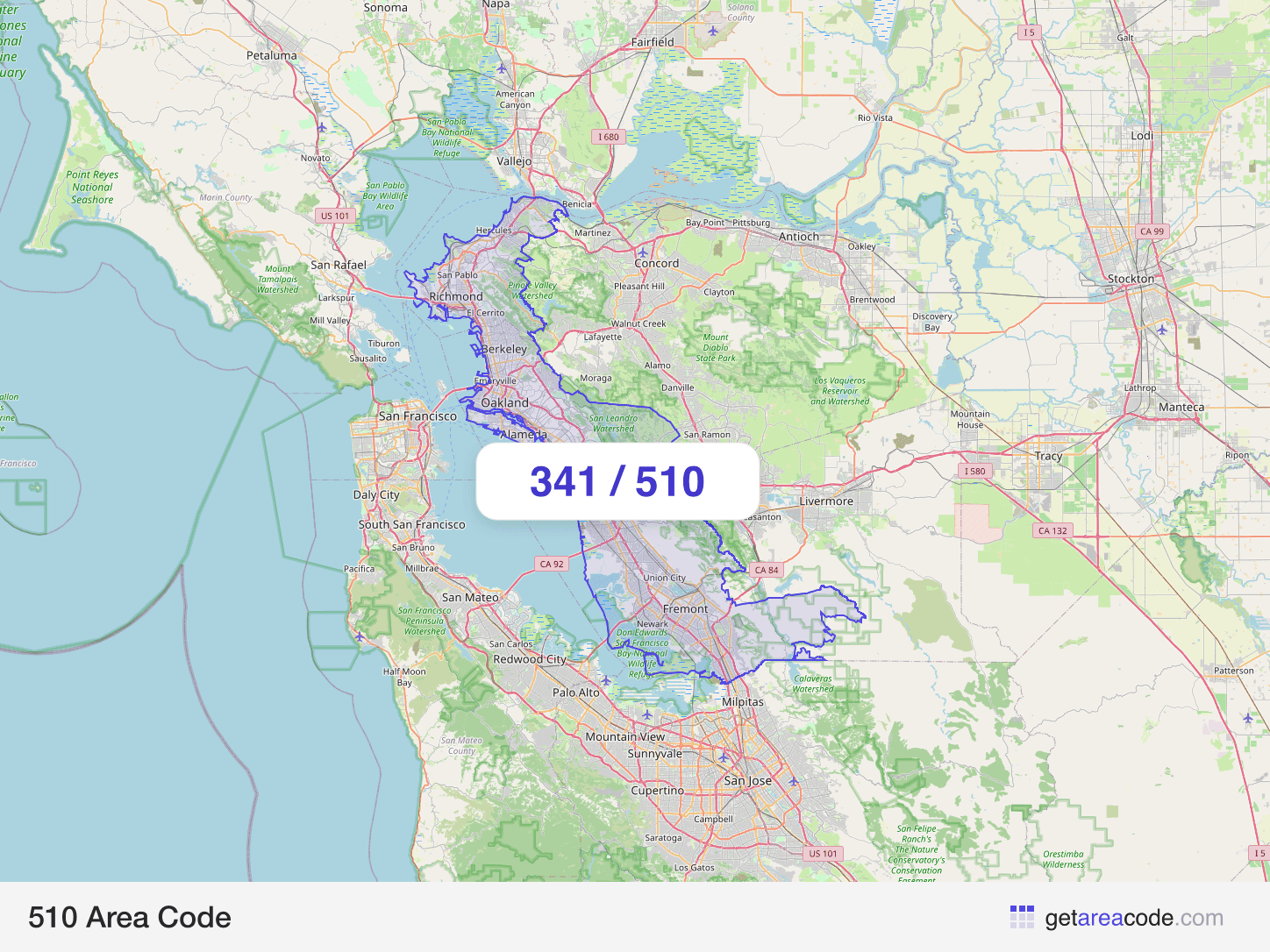 Map of the 510 area code service region around Oakland, CA