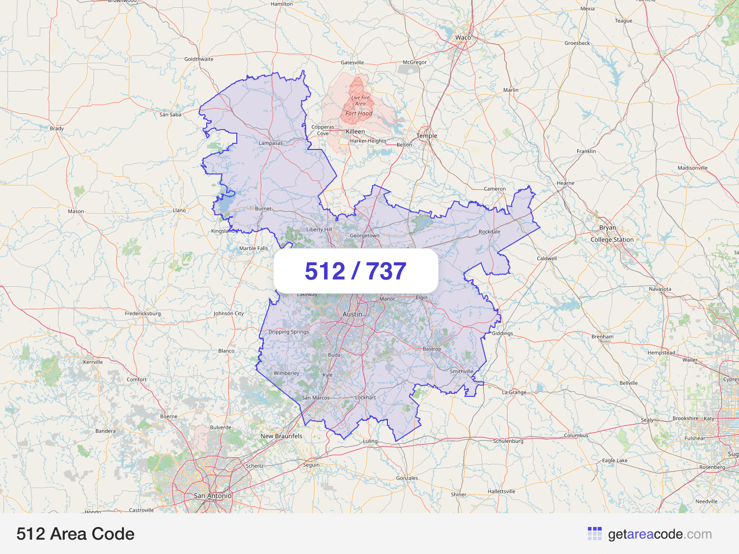 Map of the 512 area code service region around Austin, TX
