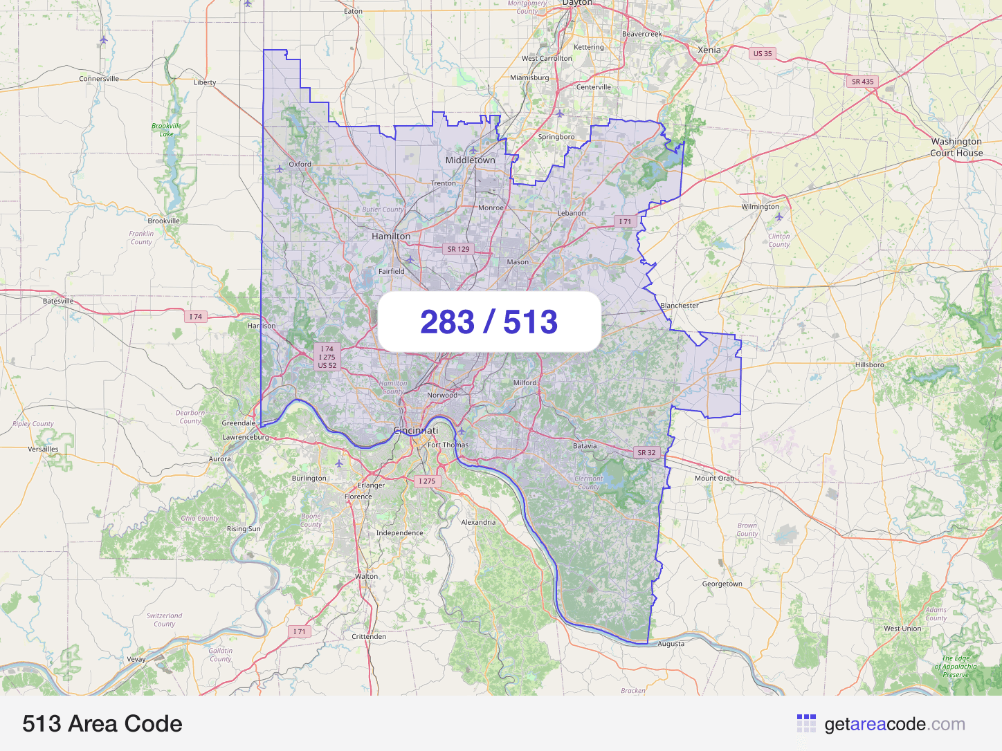 Map of the 513 area code service region around Cincinnati, OH