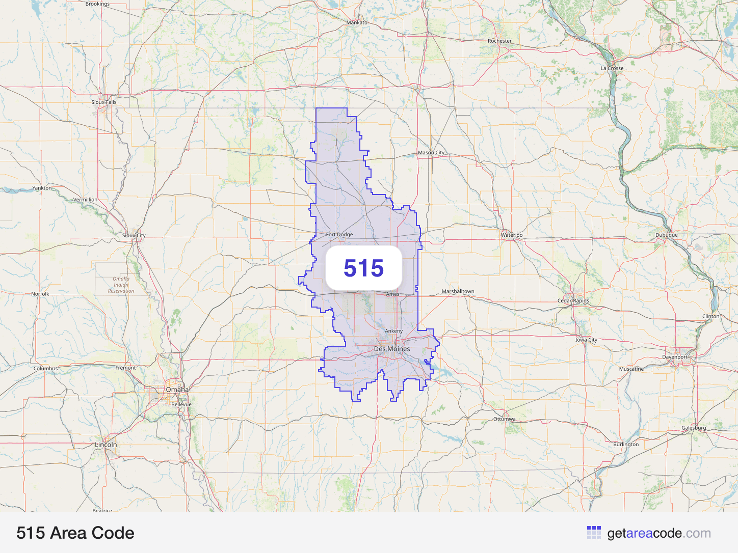 Map of the 515 area code service region around Des Moines, IA