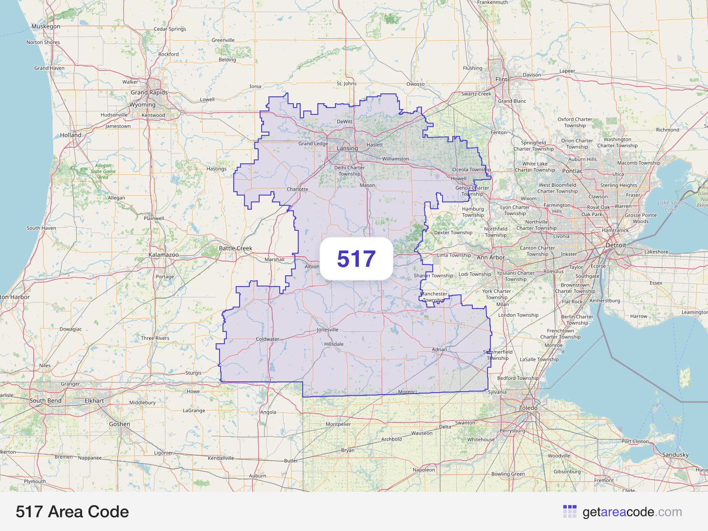 Map of the 517 area code service region around Lansing, MI