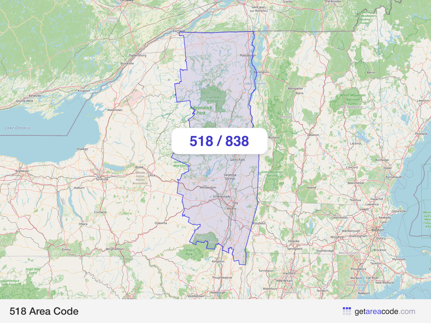 Map of the 518 area code service region around Albany, NY