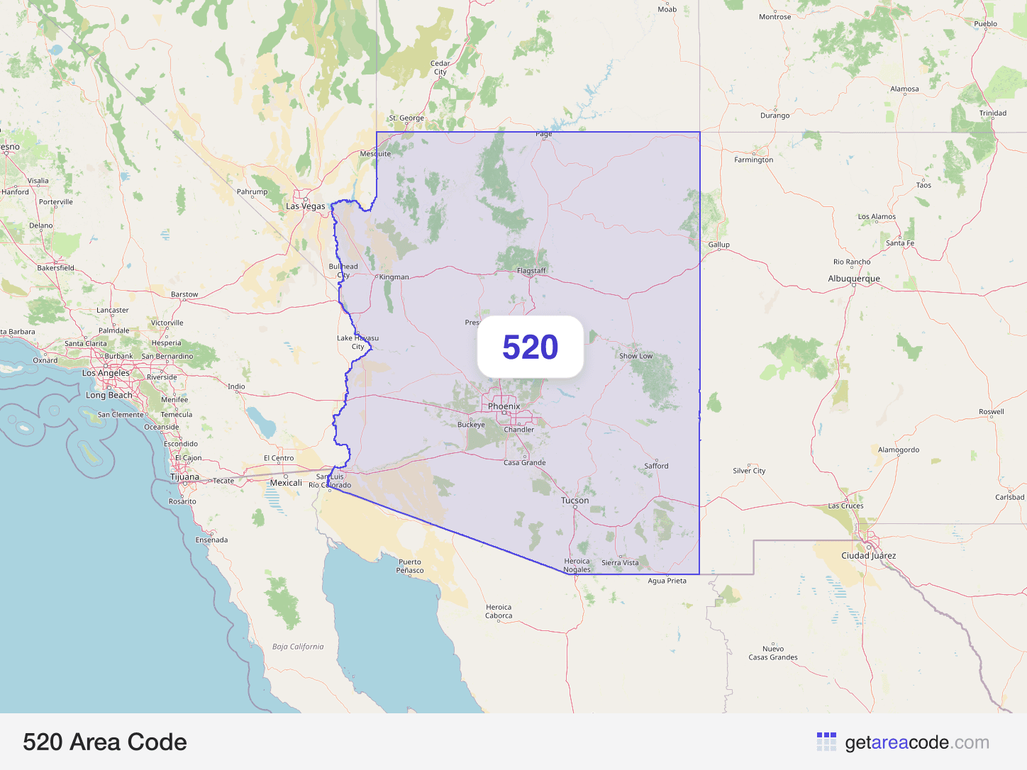 Map of the 520 area code service region around Tucson, AZ