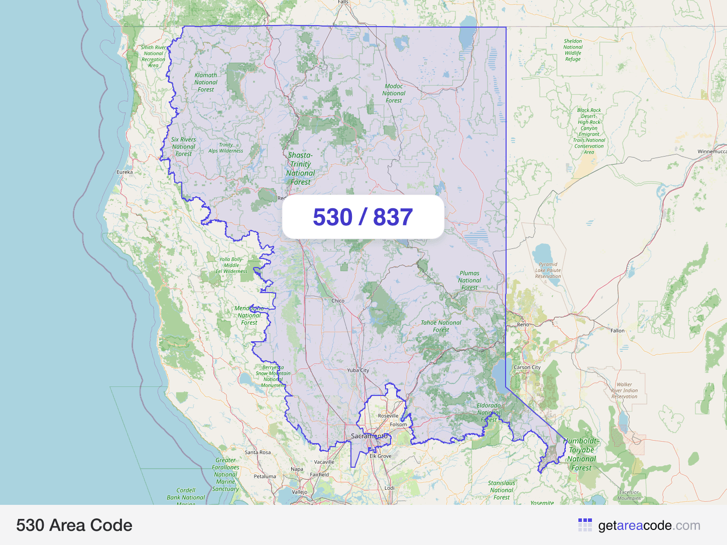 Map of the 530 area code service region around Redding, CA