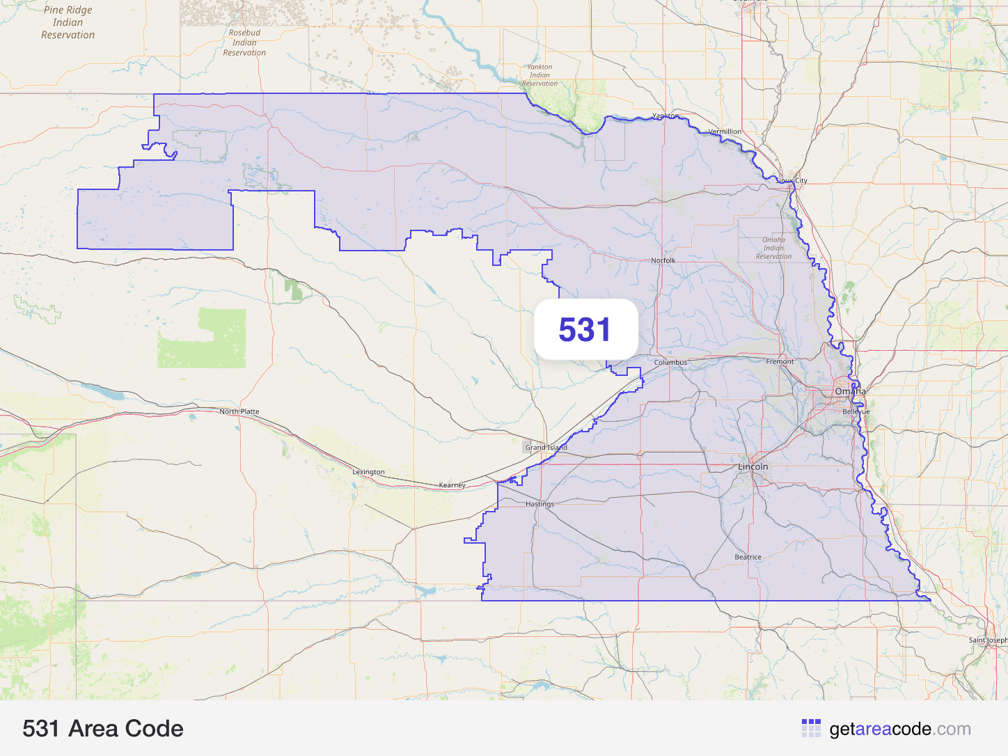 Map of the 531 area code service region around Omaha, NE