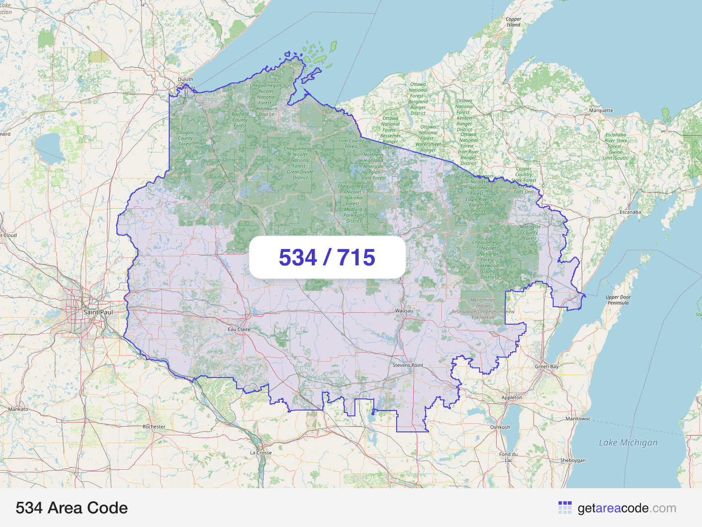 Map of the 534 area code service region around Eau Claire, WI