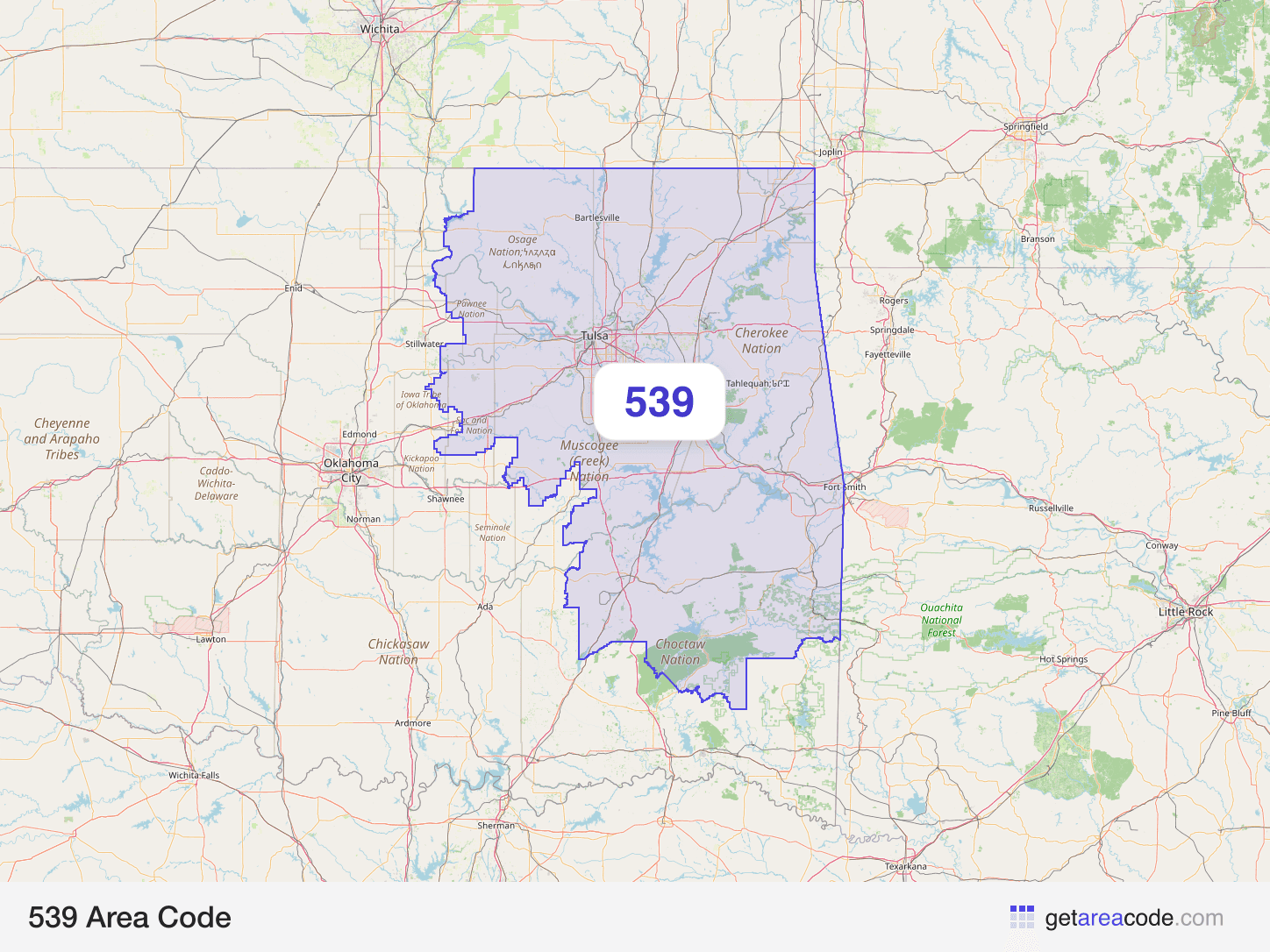 Map of the 539 area code service region around Tulsa, OK