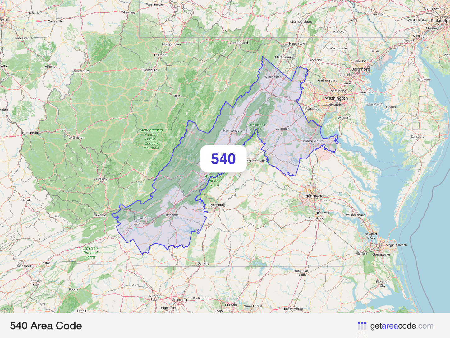Map of the 540 area code service region around Roanoke, VA