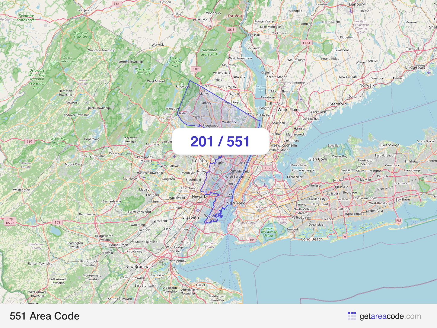 Map of the 551 area code service region around Jersey City, NJ