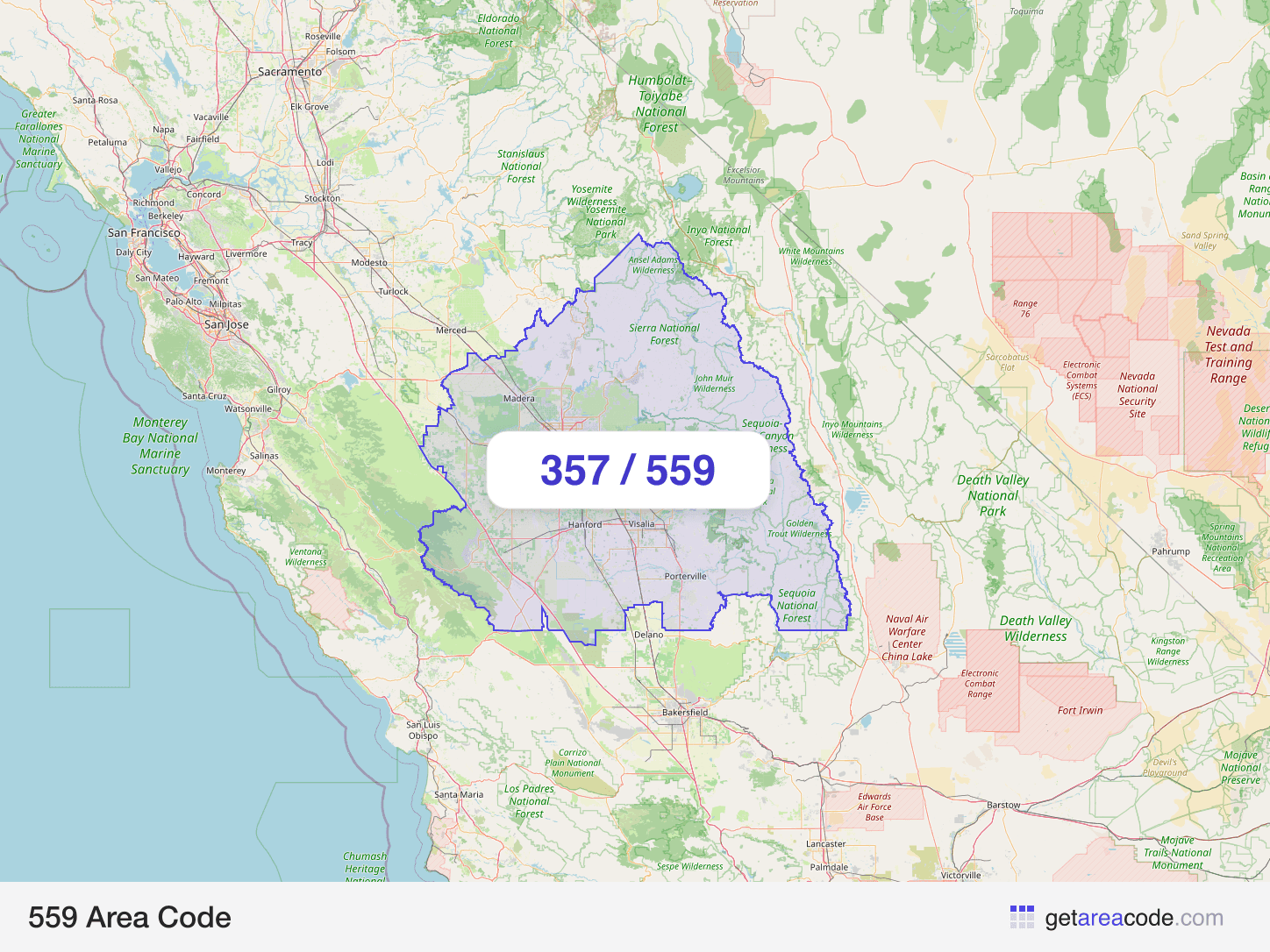 Map of the 559 area code service region around Fresno, CA