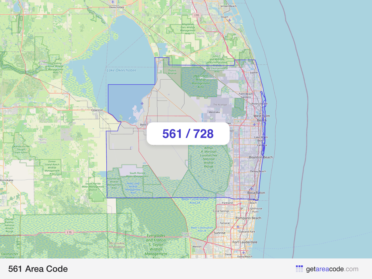 Map of the 561 area code service region around West Palm Beach, FL