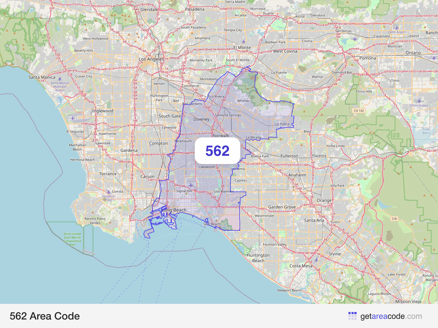 Map of the 562 area code service region around Long Beach, CA