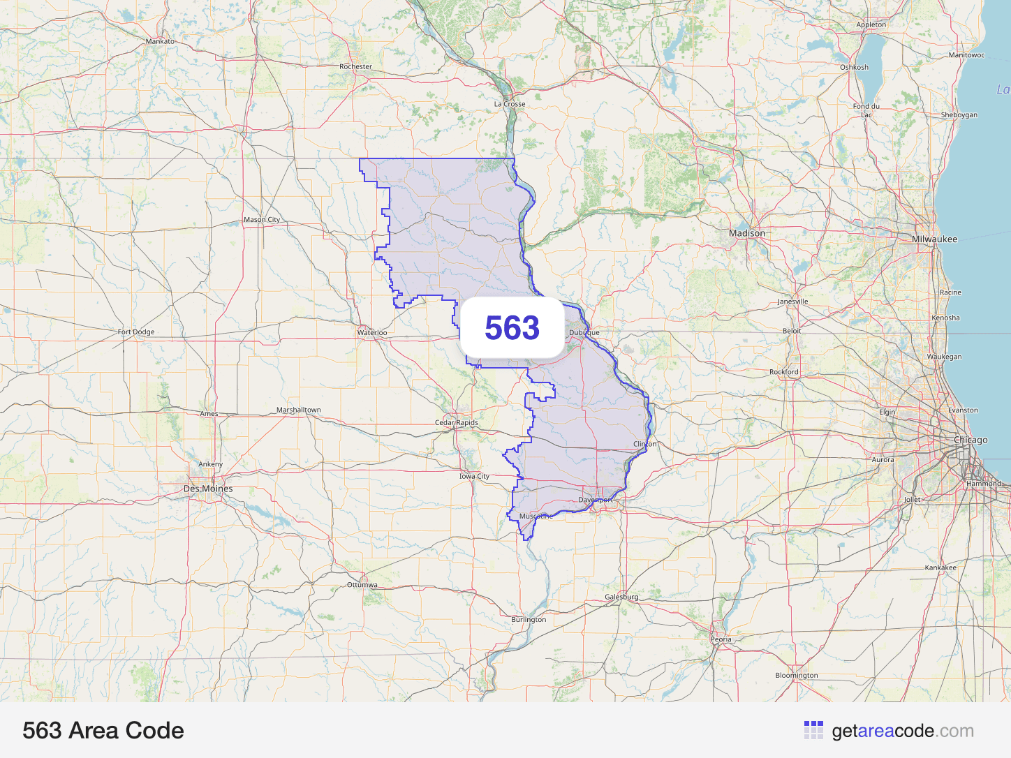 Map of the 563 area code service region around Davenport, IA