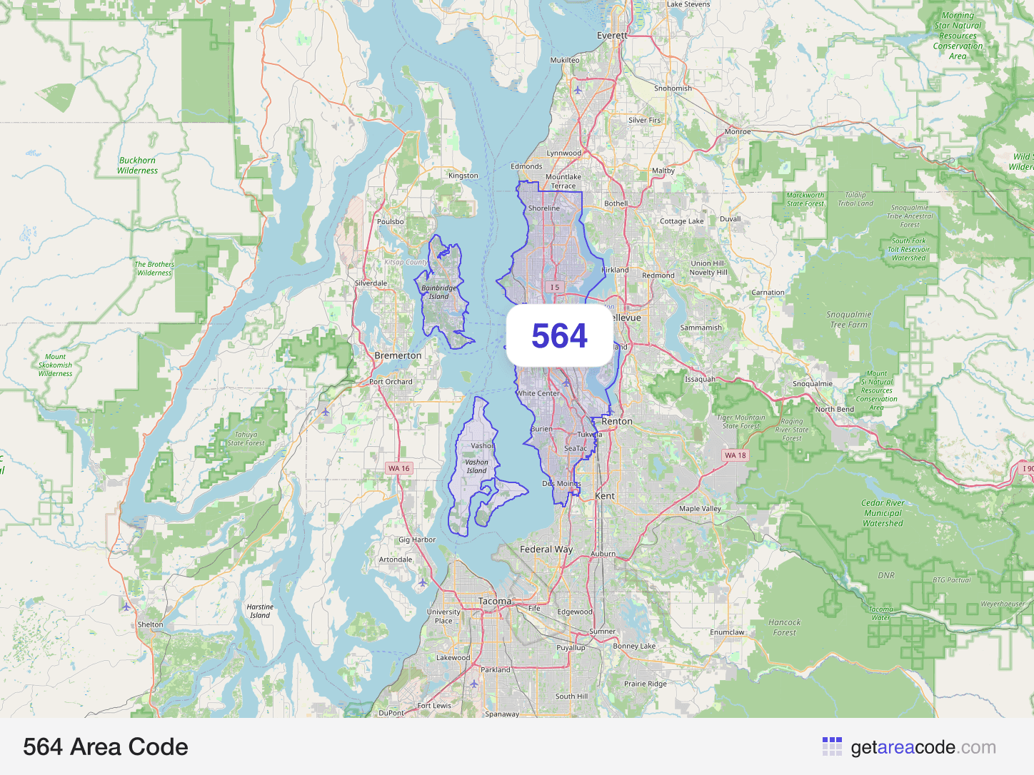 Map of the 564 area code service region around Vancouver, WA
