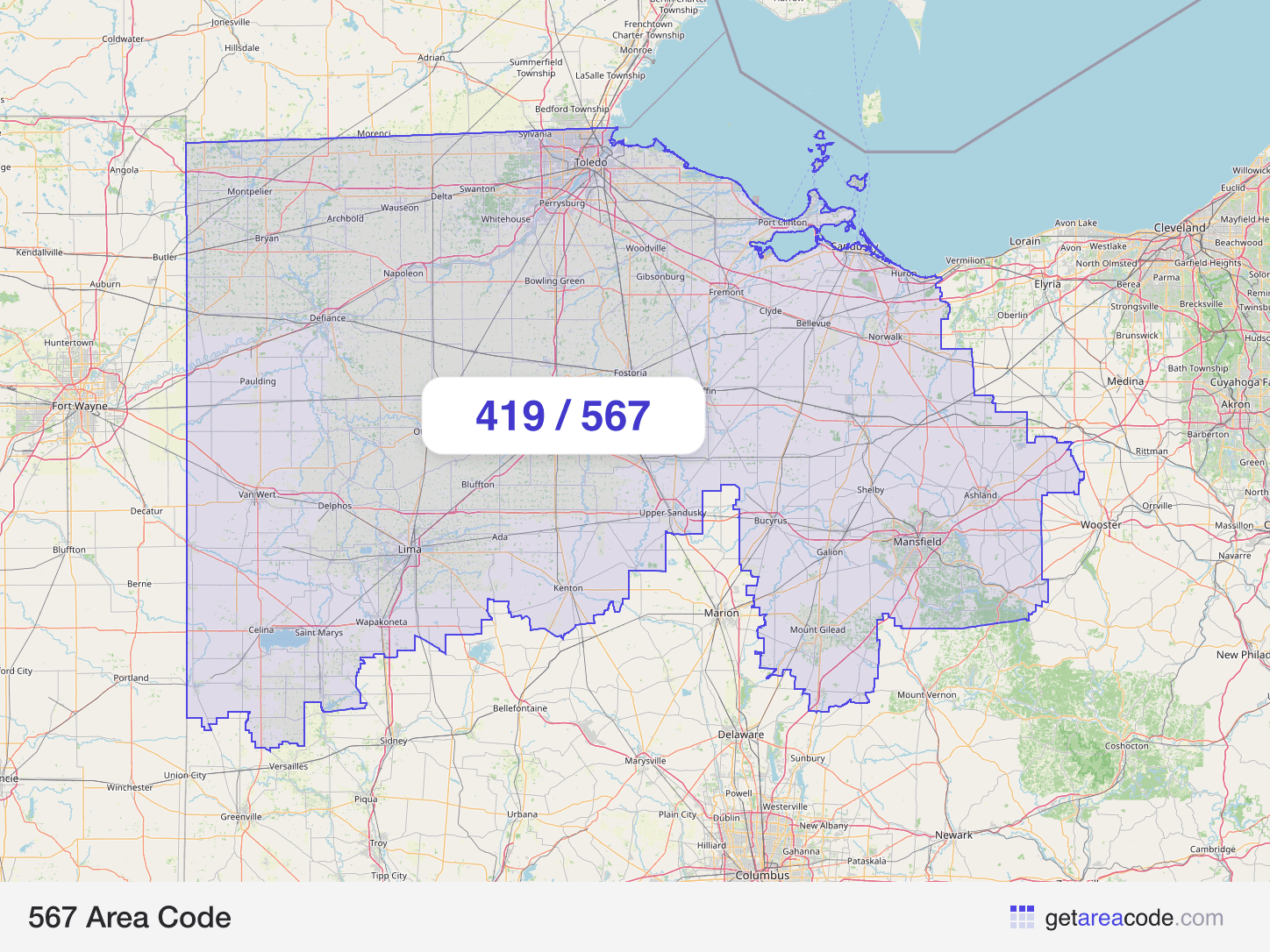 Map of the 567 area code service region around Toledo, OH
