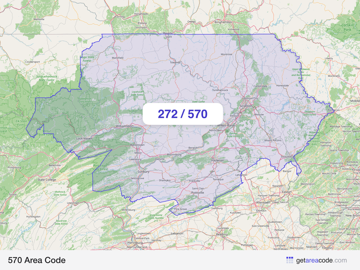 Map of the 570 area code service region around Scranton, PA