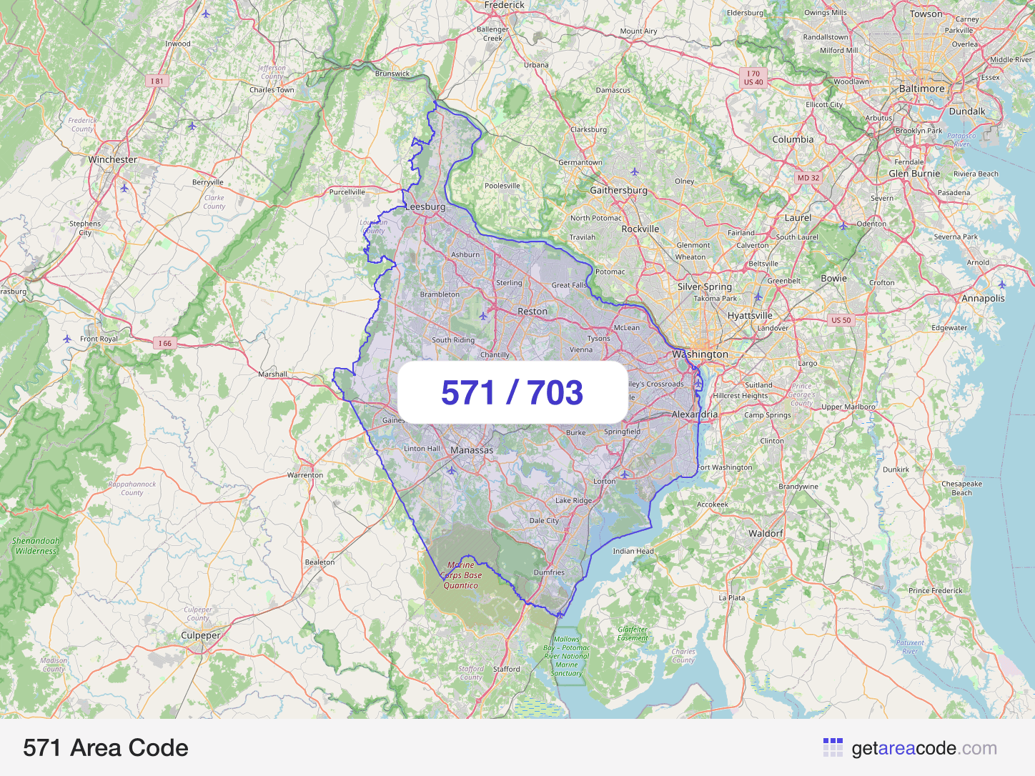 Map of the 571 area code service region around Arlington, VA