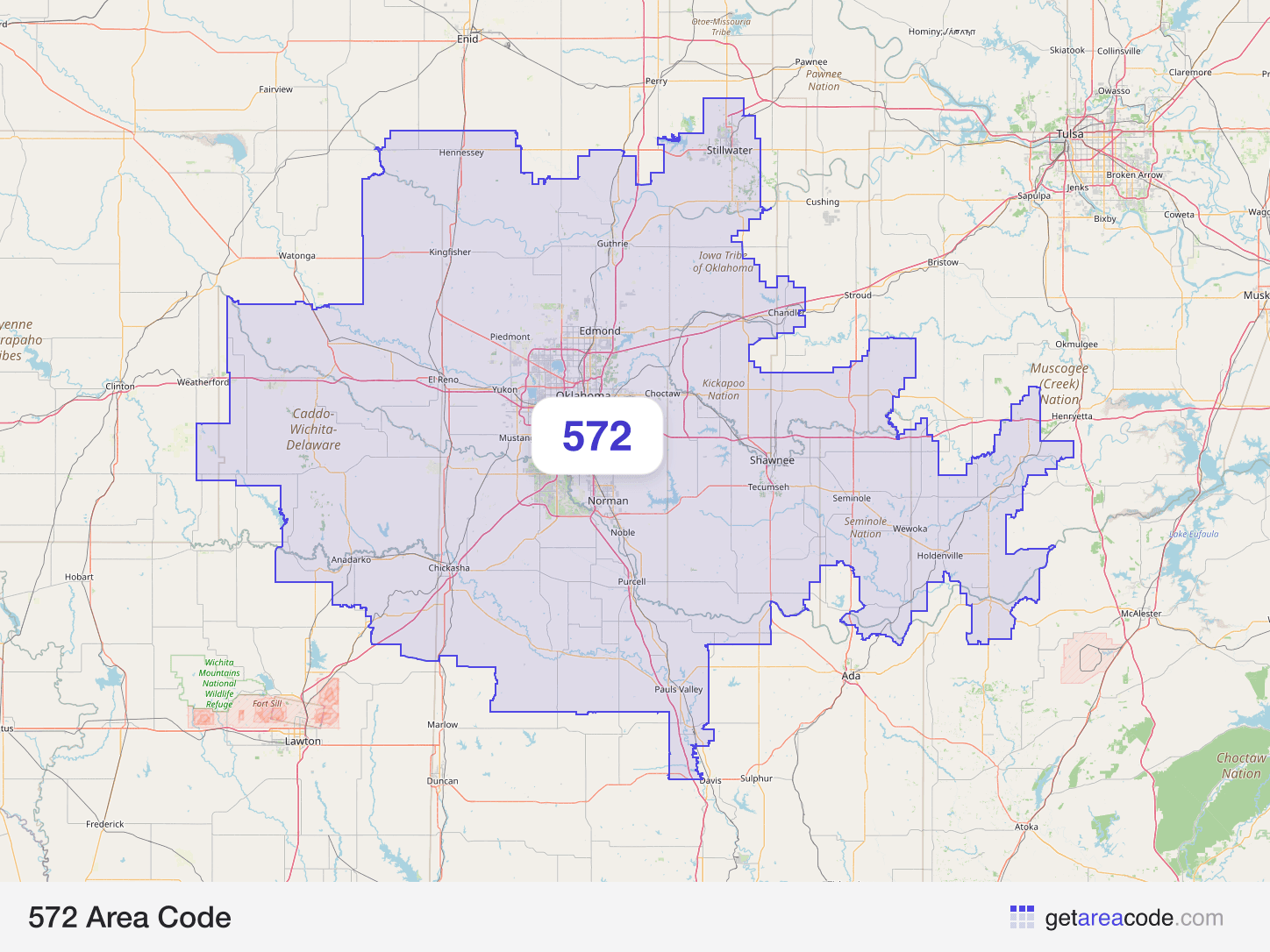 Map of the 572 area code service region around Oklahoma City, OK