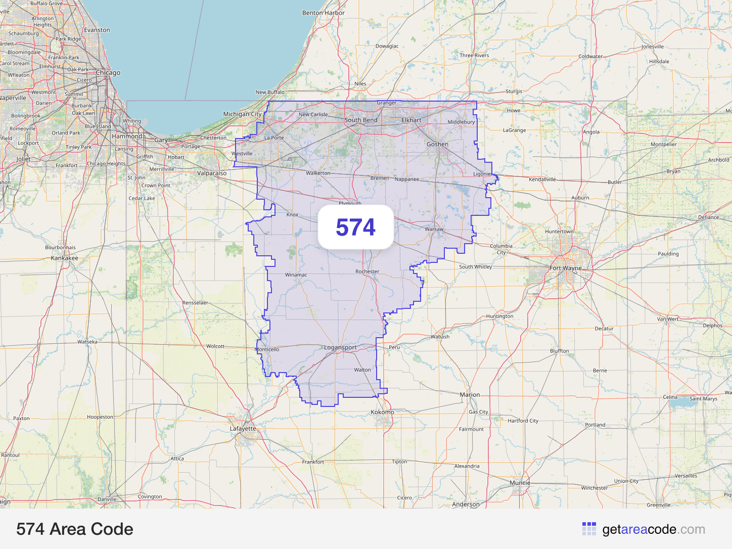 Map of the 574 area code service region around South Bend, IN