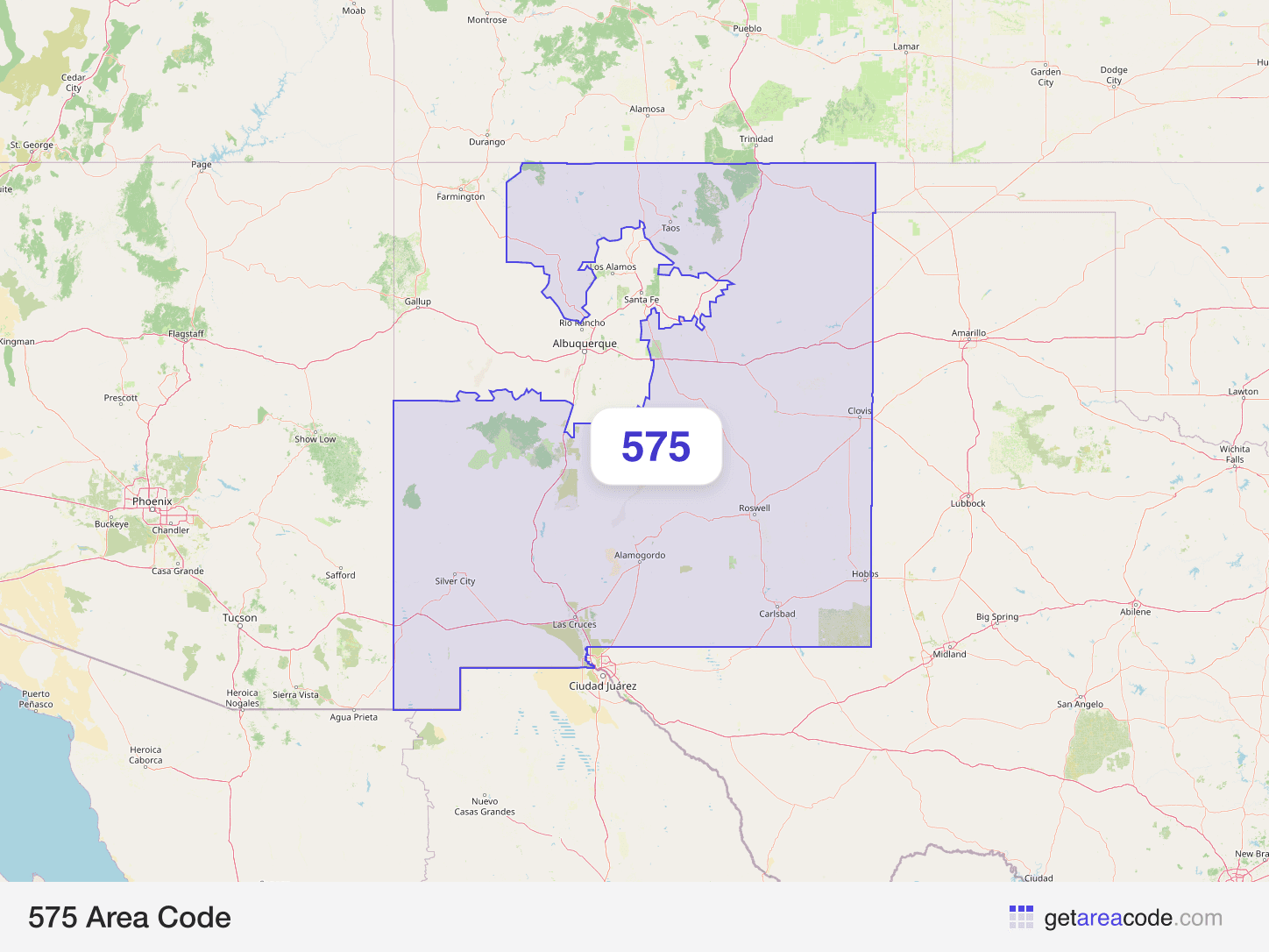 Map of the 575 area code service region around Las Cruces, NM