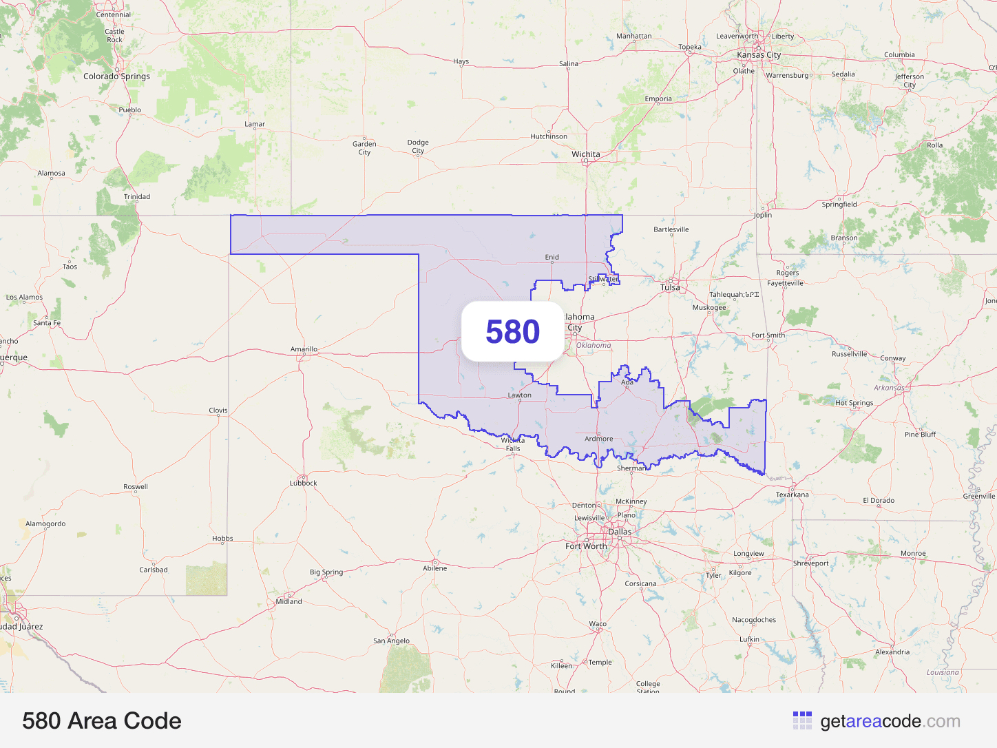 Map of the 580 area code service region around Lawton, OK