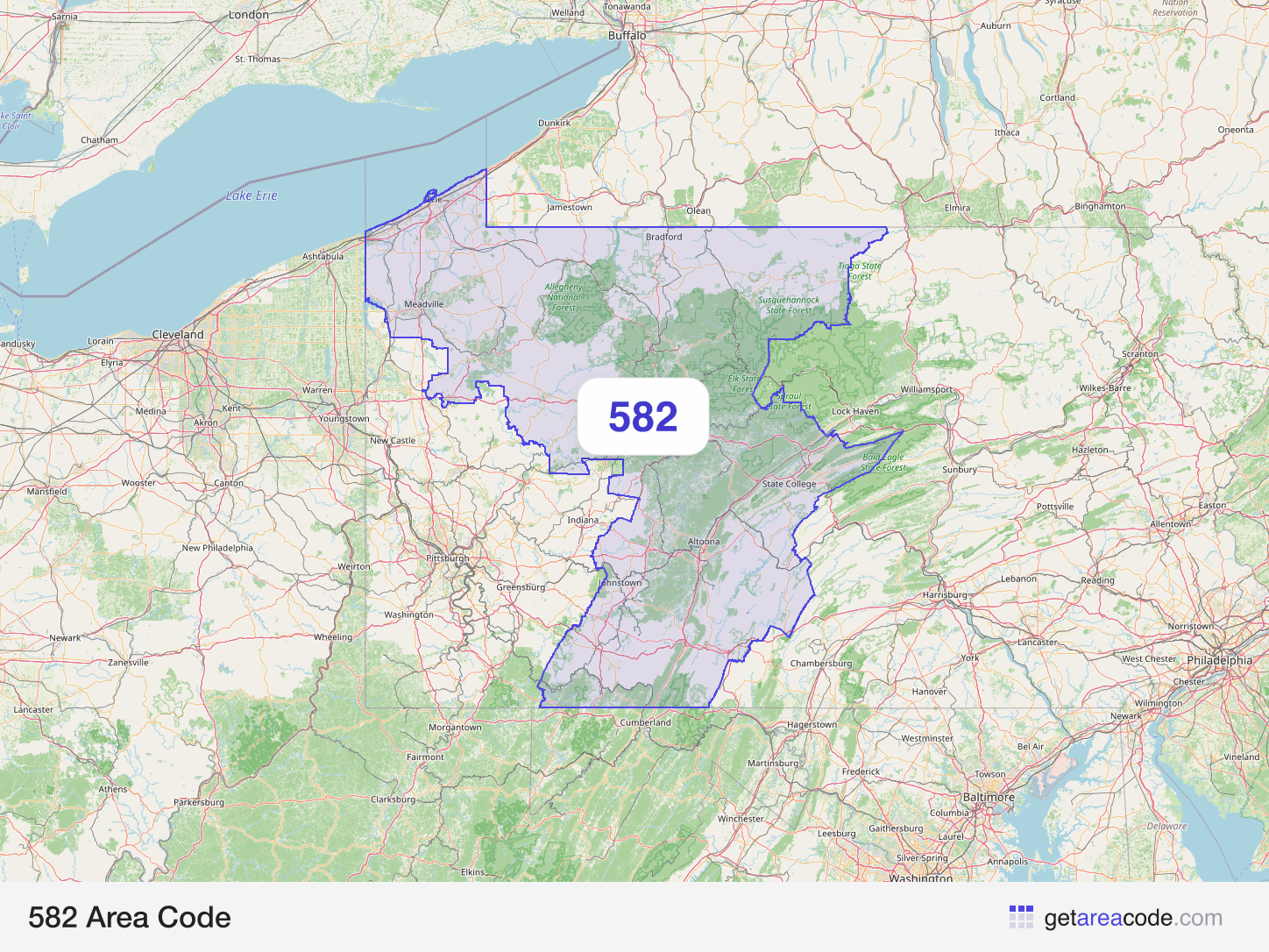Map of the 582 area code service region around Erie, PA