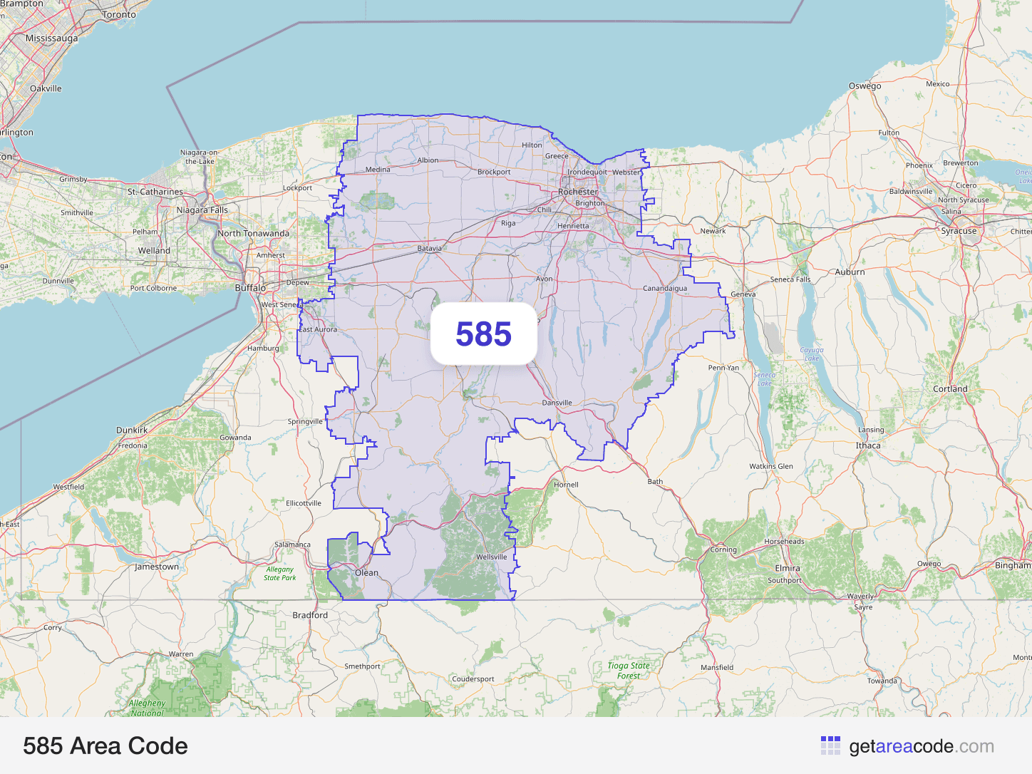 Map of the 585 area code service region around Rochester, NY