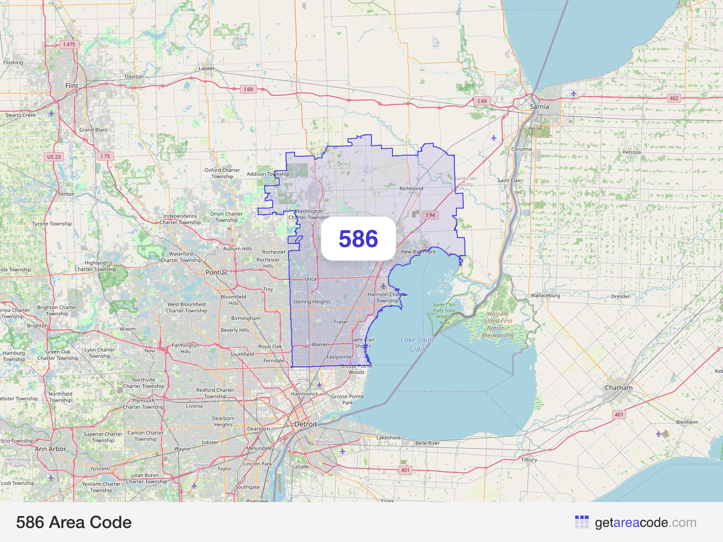 Map of the 586 area code service region around Warren, MI