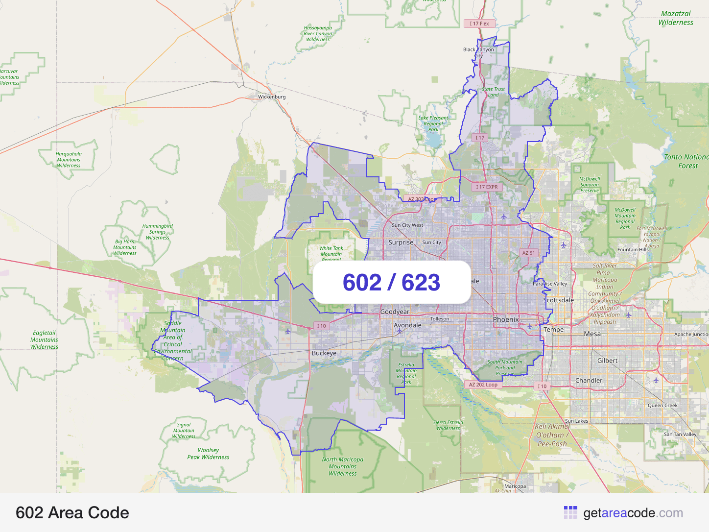 Map of the 602 area code service region around Phoenix, AZ