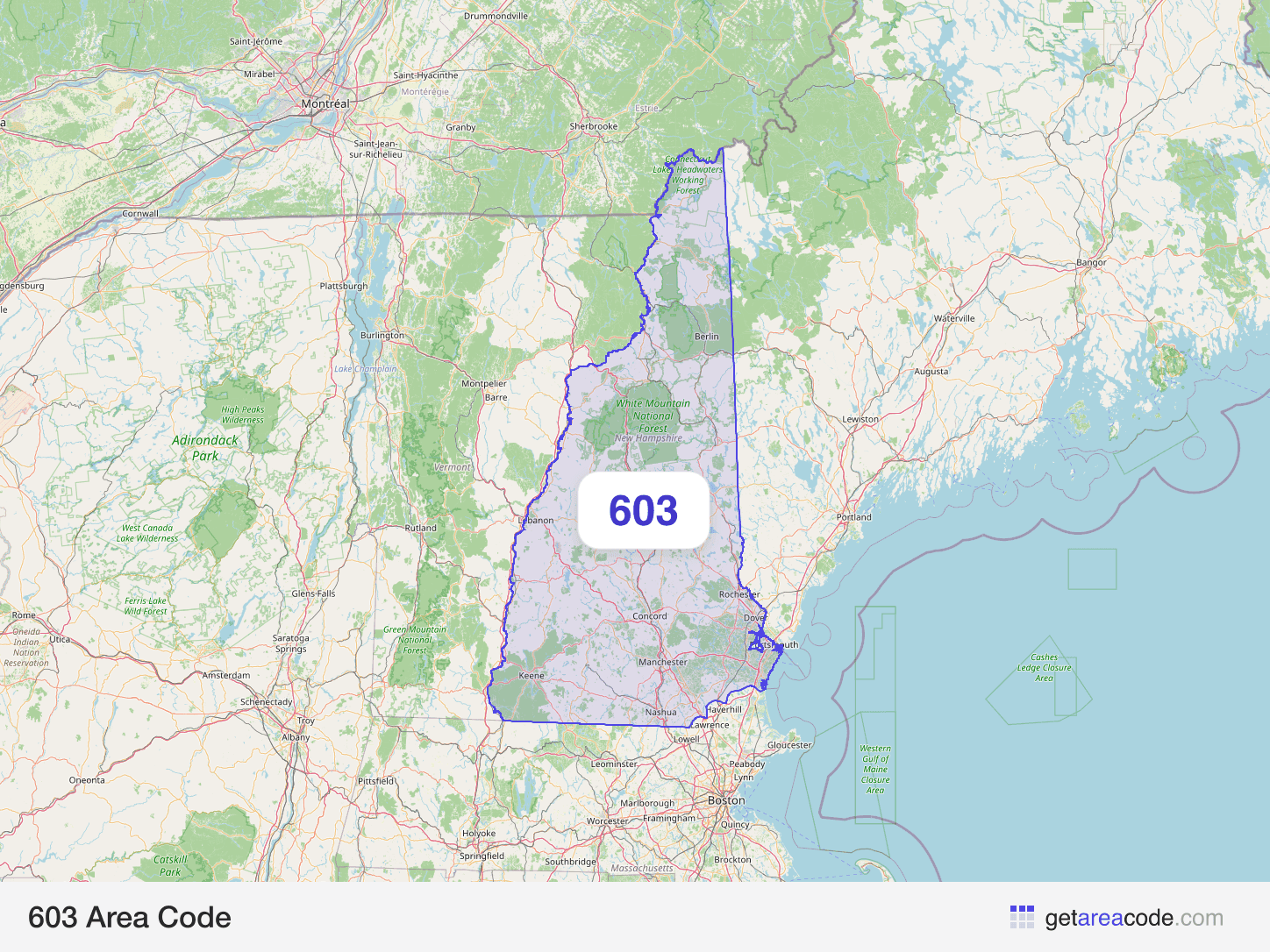 Map of the 603 area code service region around Manchester, NH