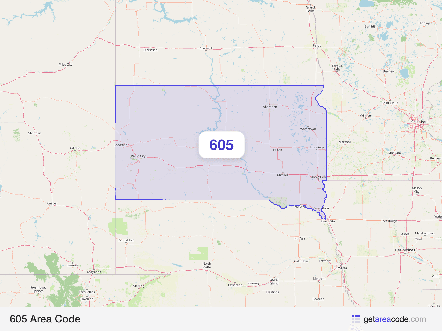 Map of the 605 area code service region around Sioux Falls, SD