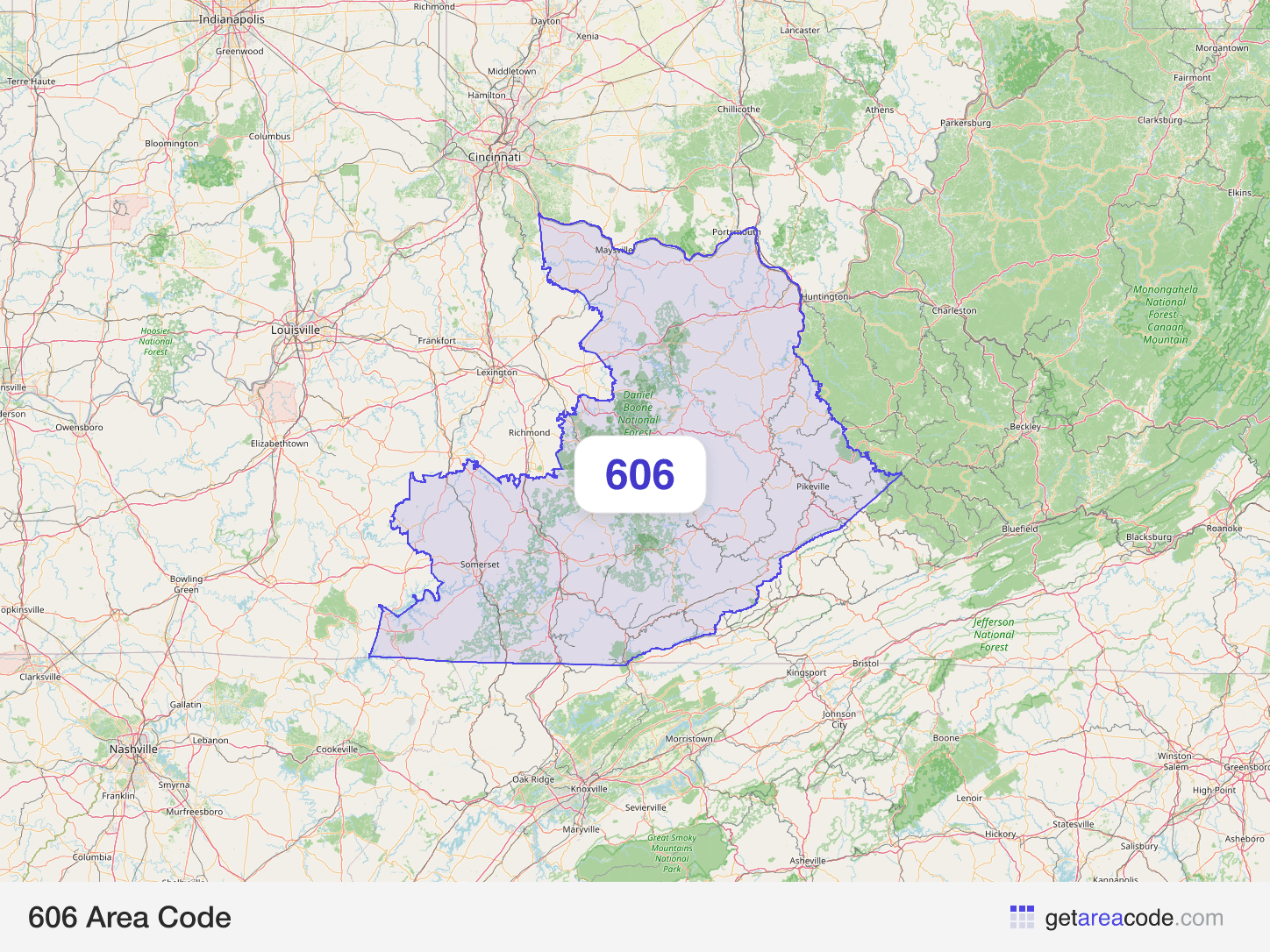 Map of the 606 area code service region around Ashland, KY