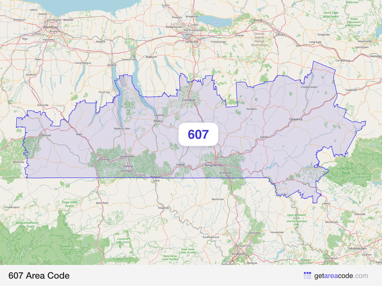 Map of the 607 area code service region around Binghamton, NY