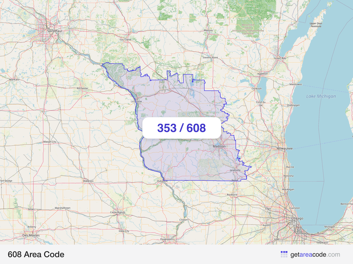 Map of the 608 area code service region around Madison, WI
