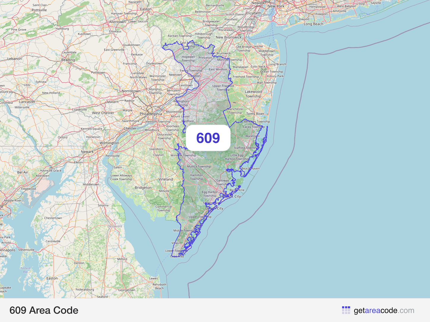 Map of the 609 area code service region around Trenton, NJ