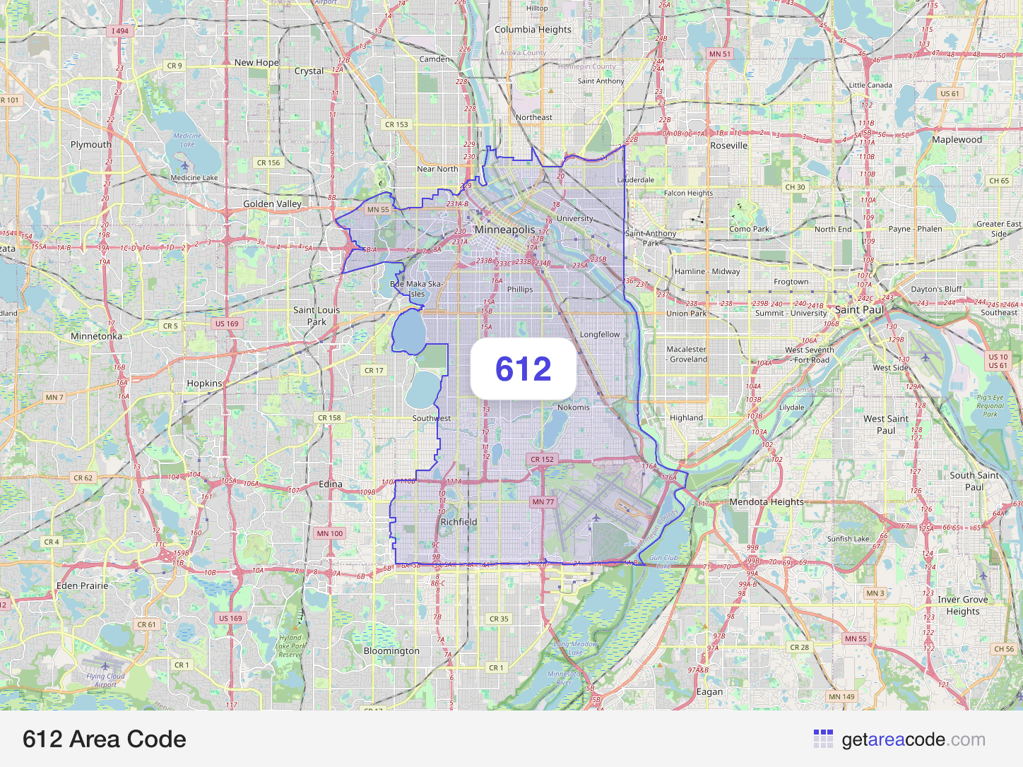 Map of the 612 area code service region around Minneapolis, MN