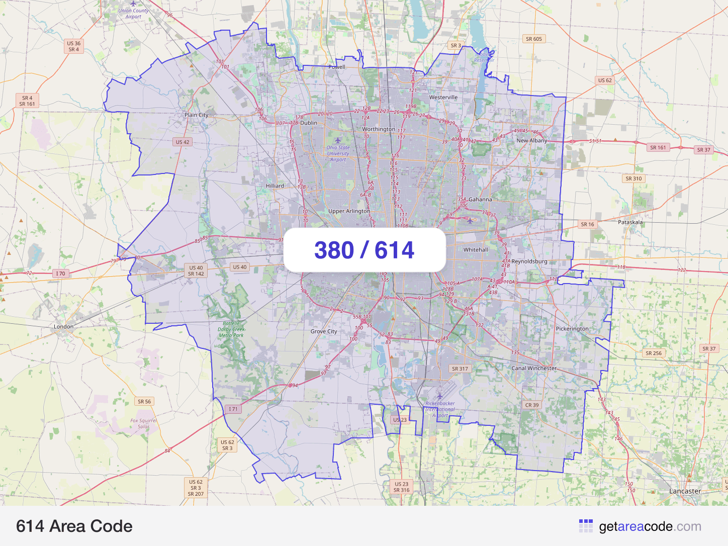 Map of the 614 area code service region around Columbus, OH