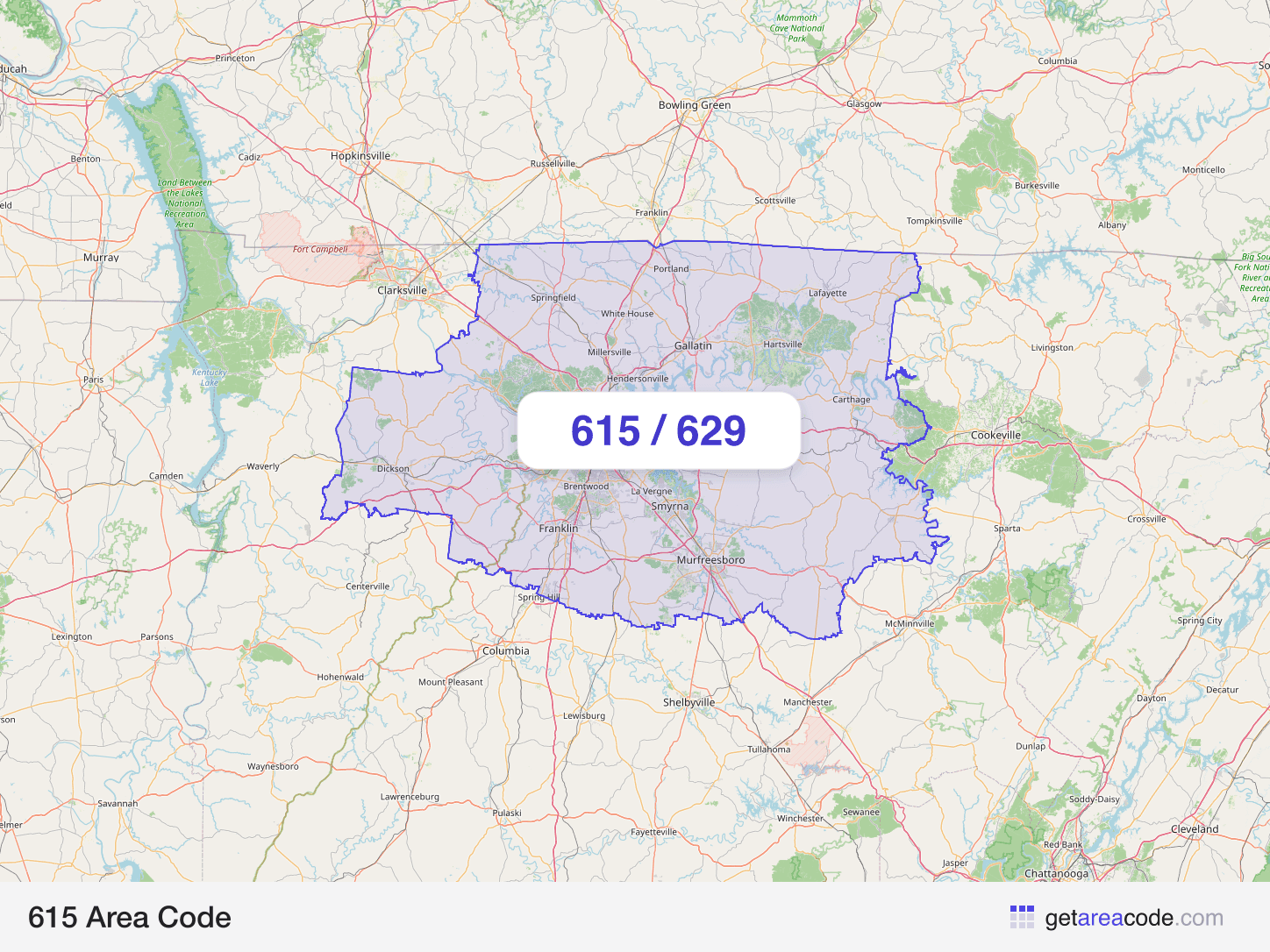 Map of the 615 area code service region around Nashville, TN