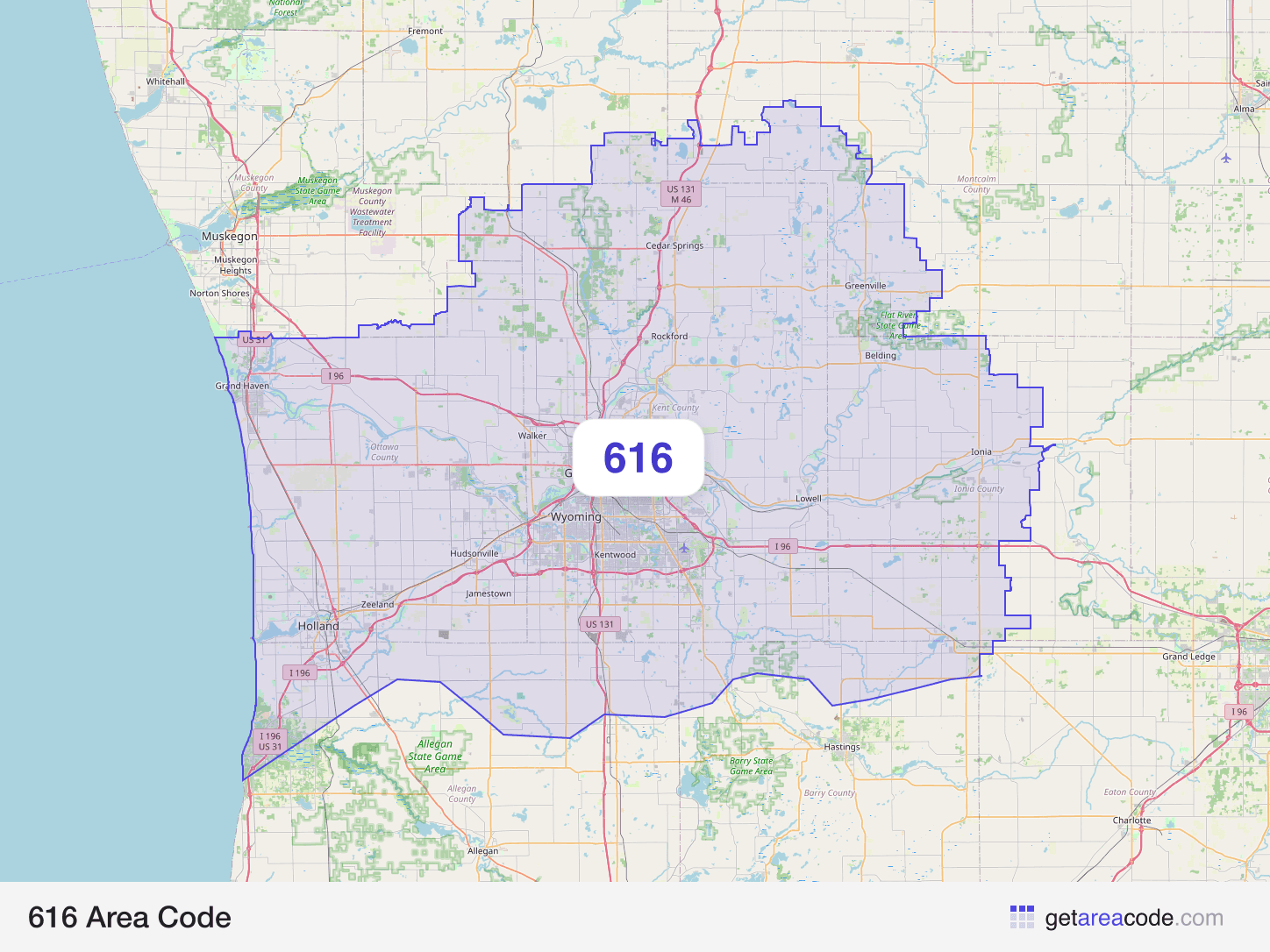 Map of the 616 area code service region around Grand Rapids, MI