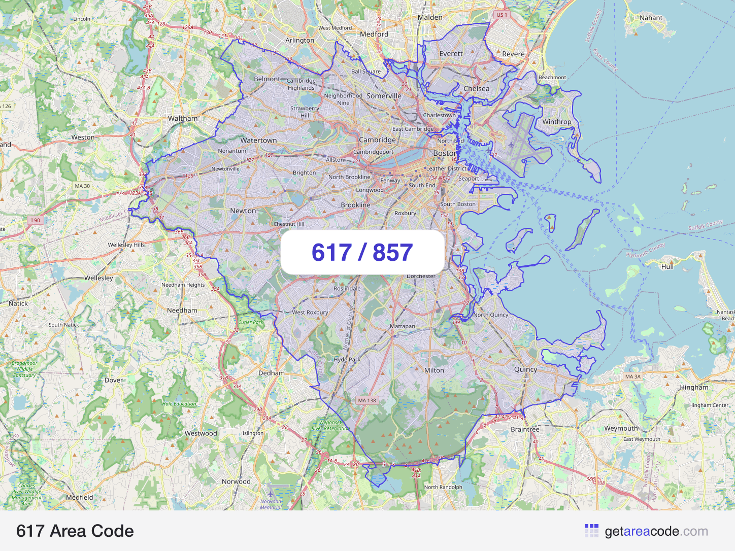 Map of the 617 area code service region around Boston, MA