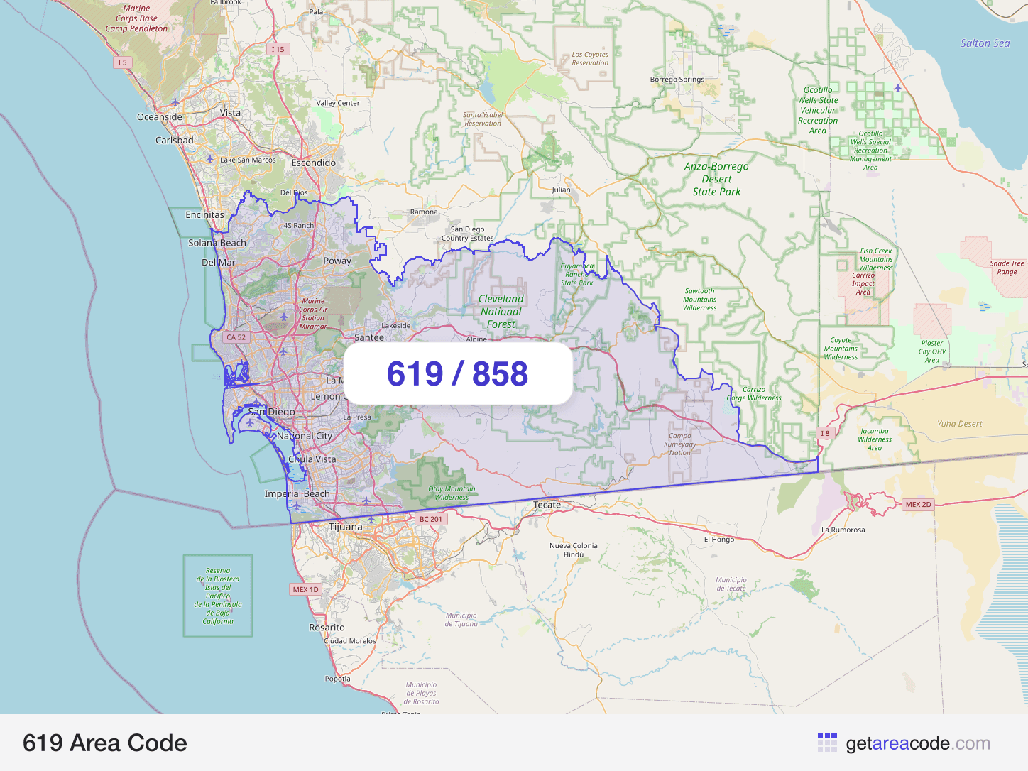 Map of the 619 area code service region around San Diego, CA